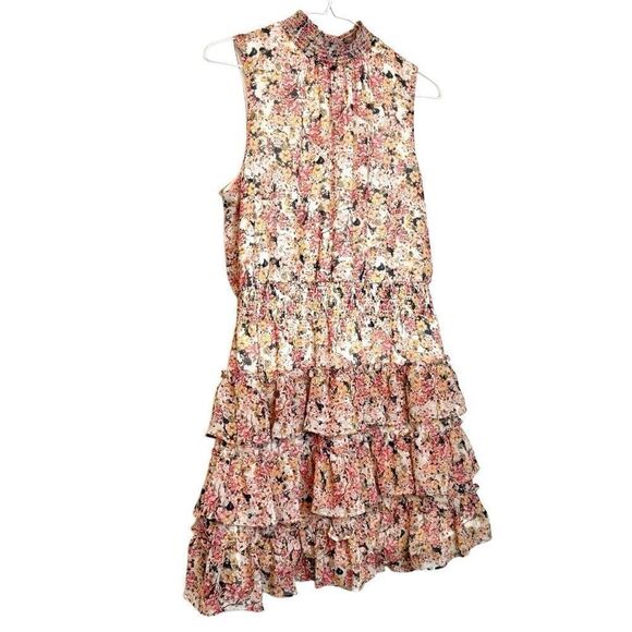 1.State Floral Smocked Mock Neck Sleeveless Tiered Mini Dress Multicolor Large - Picture 3 of 5